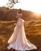 Champagne Tulle Wedding Dress Open Back Cap Sleeves Lace Appliques Summer Garden Boho Tulle Bridal Gowns