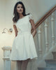 Short Satin Lace Wedding Dress with Cap Sleeves Illusion Back Elegant Bridal Gown with Pockets