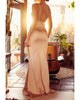Sexy Champagne Satin Sheath Prom Dresses Spaghetti Straps Long Evening Gowns Backless