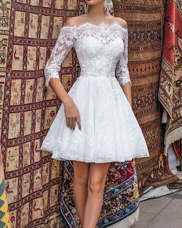 Off The Shoulder Lace Short Wedding Dress with Half Sleeve Mini Length – angelaweddings