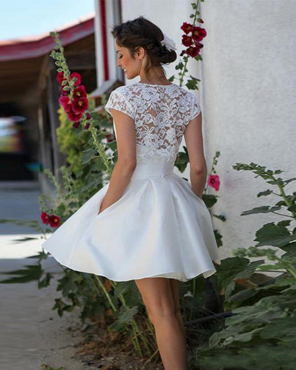 2020 Short Wedding Dresses with Lace Jacket Summer Beach Satin Wedding – angelaweddings