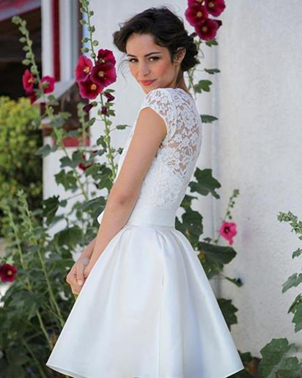 2020 Short Wedding Dresses with Lace Jacket Summer Beach Satin Wedding Gowns Pockets 2020 Short Wedding Dresses with Lace Jacket Summer Beach Satin Wedding Gowns Pockets