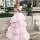 Strapless Pink Tulle Layered Skirts Wedding Dress A-line Bodice Ruffles Elegant Bridal Gowns