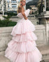 Strapless Pink Tulle Layered Skirts Wedding Dress A-line Bodice Ruffles Elegant Bridal Gowns