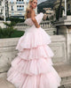 Strapless Pink Tulle Layered Skirts Wedding Dress A-line Bodice Ruffles Elegant Bridal Gowns 2020