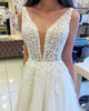 Sexy V-Neck Wedding Dress Appliqued Lace Backless Tulle Ruffles A-line Bridal Wedding Gown
