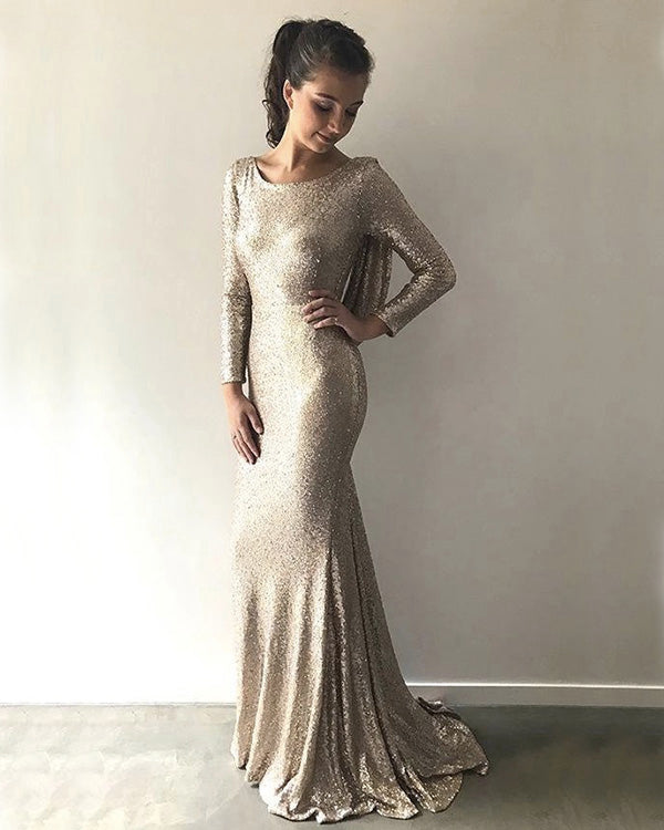 Long Sleeve Sequined Bridesmaid Dresses Cowl Back Slim Fitted Sheath Party Gowns Sparkly Long Sleeve Sequined Bridesmaid Dresses Cowl Back Slim Fitted Sheath Party Gowns Sparkly