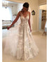 Romantic Tulle Wedding Dress with 3D Lace Applques V-Neck A-line Bridal Gowns Backless