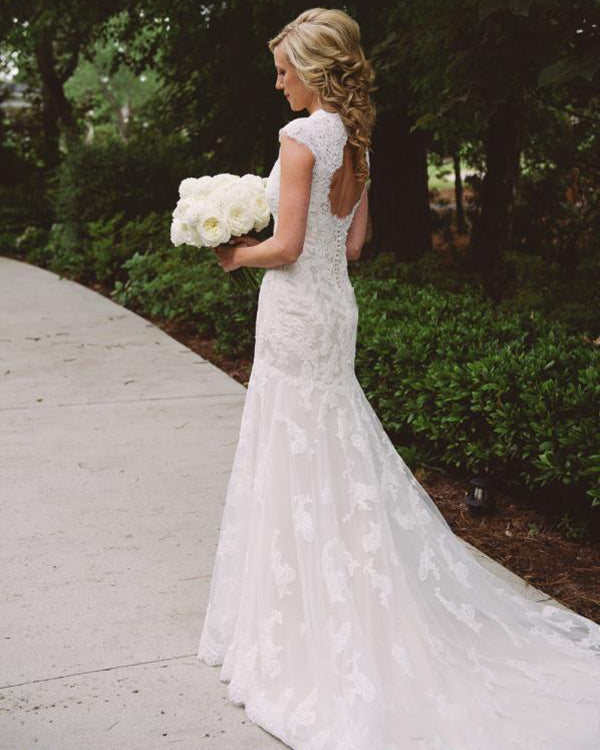 Elegant Mermaid Wedding Dress Lace Bodice V-Neck Open Back Cap Sleeve Beach Wedding Gown Elegant Mermaid Wedding Dress Lace Bodice V-Neck Open Back Cap Sleeve Beach Wedding Gown