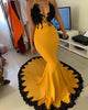 Sexy 2020 Mermaid Yellow Evening Dresses with Black Lace Appliques Formal Dress for African Women