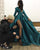 Long Sleeve Teal Green Satin Prom Dresses V-Neck Long Prom Party Gowns Split Side
