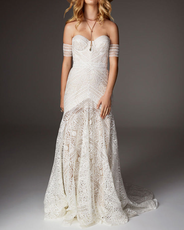 Popular Bohemian Lace Wedding Dresses with Cap Sleeve Fitted Mermaid W –  angelaweddings