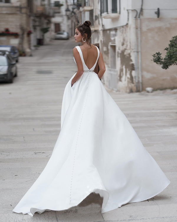 Fashion 2020 Wedding Dresses A-Line Deep V-Neck Backless Wedding Gowns with Belt Beaded Fashion 2020 Wedding Dresses A-Line Deep V-Neck Backless Wedding Gowns with Belt Beaded