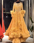 Sparkly Long Sleeve Gold Satin Evening Dresses O-Neck Long Formal Dress with Feathers