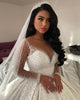 Gorgeous 2020 Sheer Long Sleeve Wedding Gowns Beadings Deep V-Neck Satin Bridal Ball Gown Saudi 