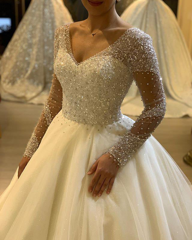 Decorative illusion off the shoulder long sleeves beaded sparkly white ball  gown wedding dress with glitter tulle - various styles