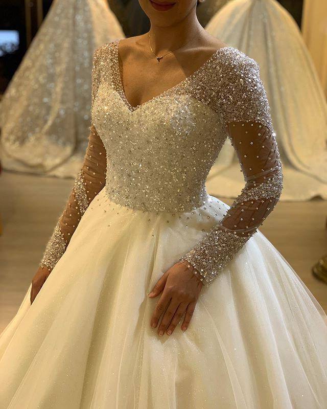 Sparkly 2020 Sheer Full Sleeve Wedding Dresses Sequins V-Neck Tulle Ba – angelaweddings