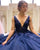 Sexy Navy Blue Lace Prom Dresses with V-Neck Appliques Tulle Long Party Gowns 2020 evening-gowns formal-dress homecoming-dress 