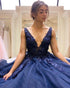 Sexy Navy Blue Lace Prom Dresses with V-Neck Appliques Tulle Long Party Gowns 2020