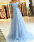 Elegant Light Blue Prom Dresses Half Sleeves Lace Appliques Tulle Long Evening Gowns with Belt