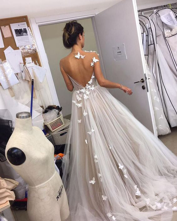 Sexy See Through Lace Wedding Dresses with Butterflies Popular A-line Bridal Wedding Gown Sexy See Through Lace Wedding Dresses with Butterflies Popular A-line Bridal Wedding Gown