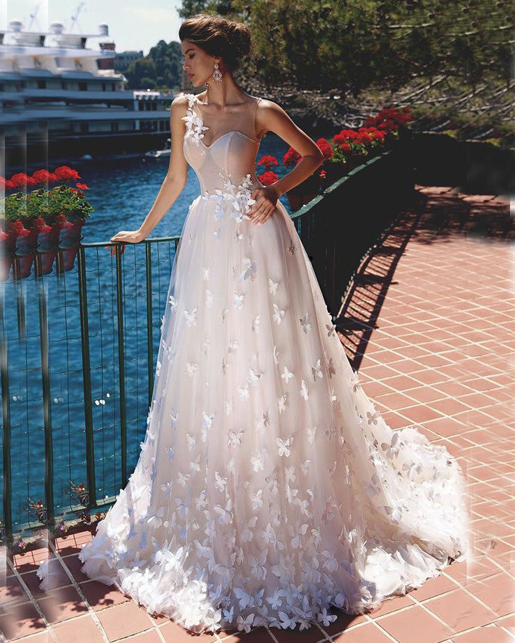 Sexy See Through Lace Wedding Dresses with Butterflies Popular A-line Bridal Wedding Gown Sexy See Through Lace Wedding Dresses with Butterflies Popular A-line Bridal Wedding Gown