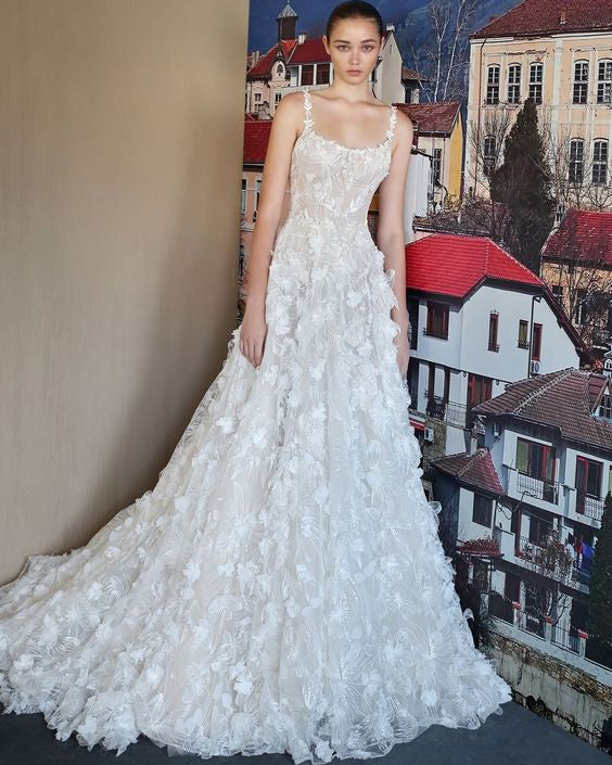 Gorgeous Lace Wedding Dresses 3D Flowers Sexy Beach Bohemian Bridal Gowns with Spaghetti Gorgeous Lace Wedding Dresses 3D Flowers Sexy Beach Bohemian Bridal Gowns with Spaghetti