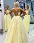 Yellow Lace Prom Dresses with Spaghetti Sexy A-line Long Tulle Prom Gowns for Party