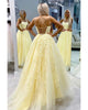 Yellow Lace Prom Dresses with Spaghetti Sexy A-line Long Tulle Prom Gowns for Party