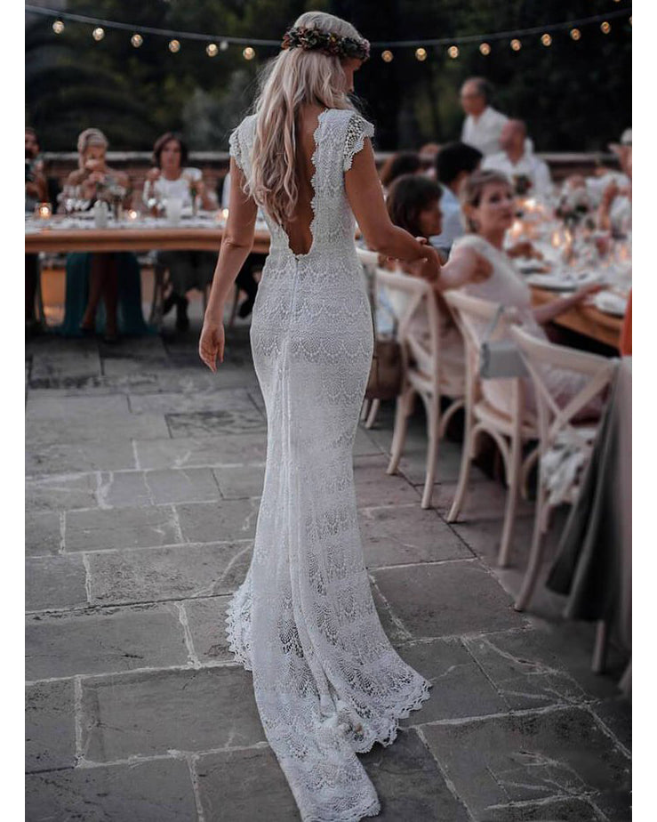 Unique Bohemian Lace Wedding Dresses Cap Sleeve Sexy Backless Beach Wedding Gowns Unique Bohemian Lace Wedding Dresses Cap Sleeve Sexy Backless Beach Wedding Gowns
