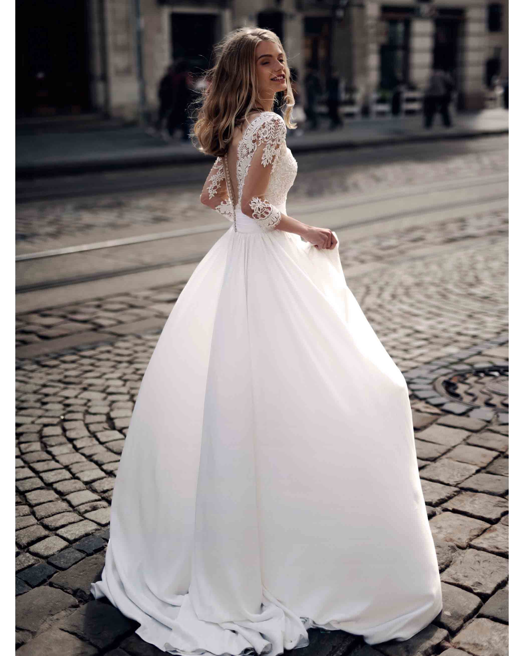 Delicate A-line Lace Wedding Dresses Satin Skirt Sheer Lace 3/4 Sleeves Brides Gowns with Buttons Delicate A-line Lace Wedding Dresses Satin Skirt Sheer Lace 3/4 Sleeves Brides Gowns with Buttons