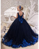 Navy Blue Tulle Birthday Wedding Party Dress Lace Flower Girls Dresses Ball Gown 2021