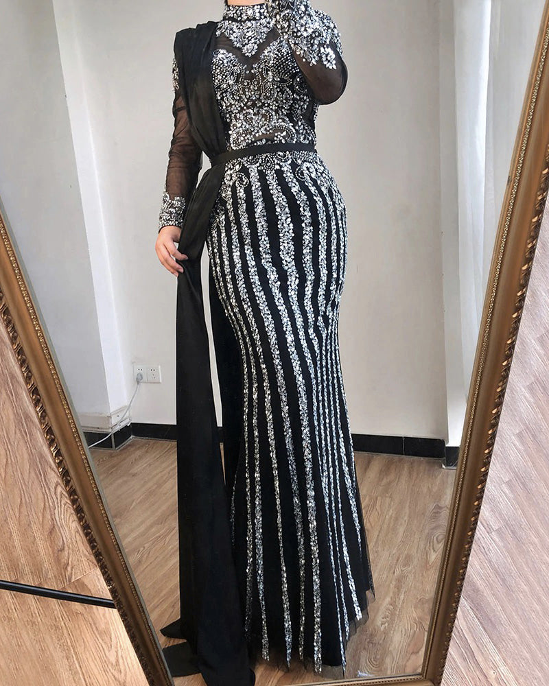 Luxury Muslim Elegant Long Sleeve Beaded Prom Dress with Detachable Tr angelaweddings Luxury Muslim Elegant Long Sleeve Beaded Prom Dress with Detachable Tr angelaweddings