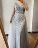 Luxurious V-Neck Gray Evening Gowns 2021 Long Sleeves Diamond Beaded Mermaid Formal Dress AW70341