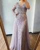 Luxurious V-Neck Gray Evening Gowns 2021 Long Sleeves Diamond Beaded Mermaid Formal Dress AW70341