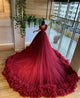 Burgundy Tulle Wedding Dresses Ruffles Beaded Lace Appliques Sexy Deep V-Neckline Ball Gown Bridal Wedding Gowns
