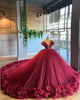 Burgundy Tulle Wedding Dresses Ruffles Beaded Lace Appliques Sexy Deep V-Neckline Ball Gown Bridal Wedding Gowns