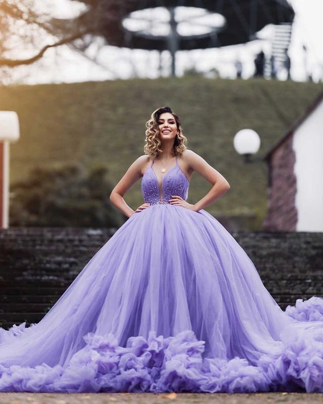 Purple Tulle Wedding Dresses Ball Gown Spaghetti Straps V-Neck Beaded Bridal Wedding Gowns 803076 Purple Tulle Wedding Dresses Ball Gown Spaghetti Straps V-Neck Beaded Bridal Wedding Gowns 803076