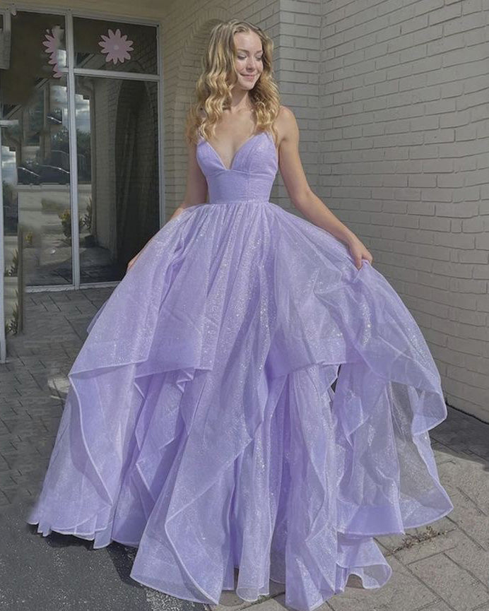Sparkly Light Purple Prom Dresses with Ruffles Sexy Long Party Gowns Spaghetti Straps Sparkly Light Purple Prom Dresses with Ruffles Sexy Long Party Gowns Spaghetti Straps