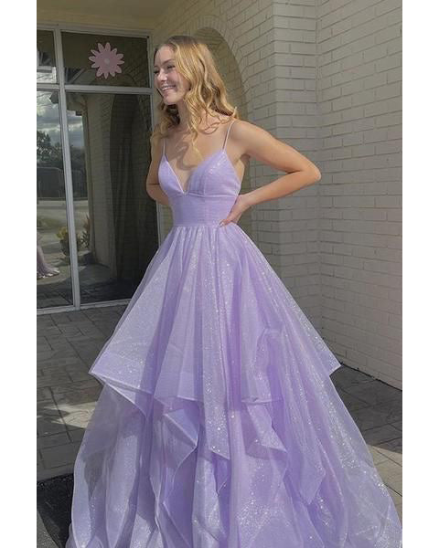 Sparkly Light Purple Prom Dresses with Ruffles Sexy Long Party Gowns Spaghetti Straps Sparkly Light Purple Prom Dresses with Ruffles Sexy Long Party Gowns Spaghetti Straps