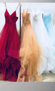 Fashion Burgundy Tulle Prom Dresses with Ruffles Sexy Backless Spaghetti Straps A-line Long Pageant Party Gowns