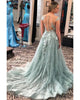 Sexy See Through Back Lace Prom Dresses Sheer Neck A-line Long Party Gowns Appliques