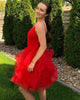 Sexy Short Red Tulle Homecoming Dresses Spaghetti Straps Tulle Ruffles Prom Party Gowns