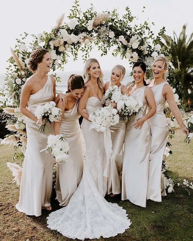 Simple One Shoulder Elastic Satin Bridesmaid Dresses Sheath Wedding Party Gowns Floor Length Simple One Shoulder Elastic Satin Bridesmaid Dresses Sheath Wedding Party Gowns Floor Length