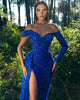 Royal Blue Sequins Prom Dresses Off The Shoulder Sparkly Long Prom Gowns Split Side