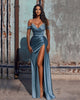 2022 Steel-Blue Satin Prom Dresses Beaded Off The Shoulder Sheath Long Prom Gowns Split Side
