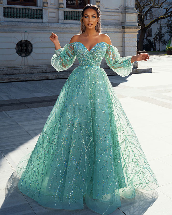 Sparkly Mint Prom Dresses Off The Shoulder Puffy Sleeve Long Formal Dress AW2201181 Sparkly Mint Prom Dresses Off The Shoulder Puffy Sleeve Long Formal Dress AW2201181