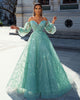 Sparkly Mint Prom Dresses Off The Shoulder Puffy Sleeve Long Formal Dress AW2201181