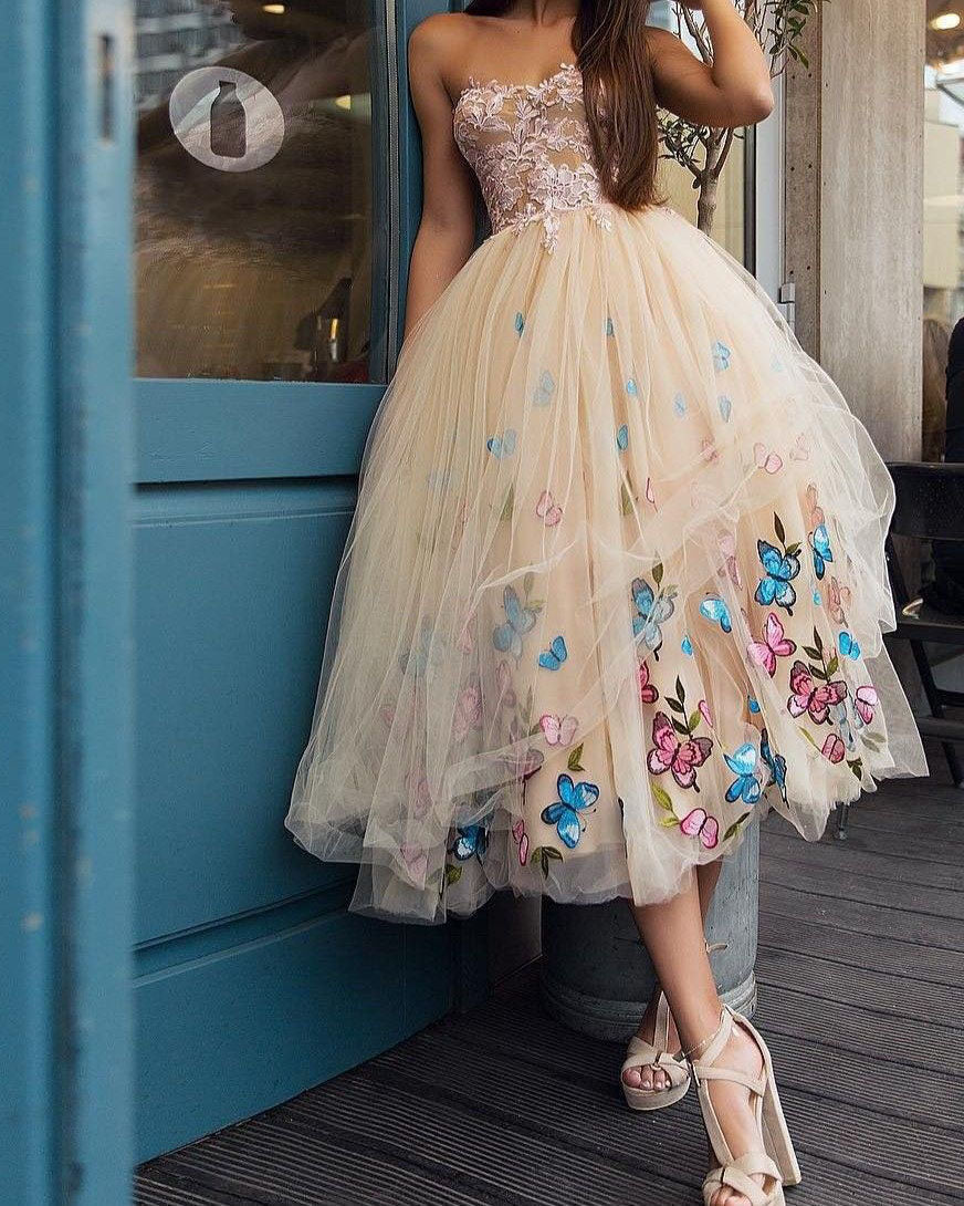 Vintage Tulle Prom Dresses with Butterfly Tea Length Short Party Dress AW2203302 Vintage Tulle Prom Dresses with Butterfly Tea Length Short Party Dress AW2203302