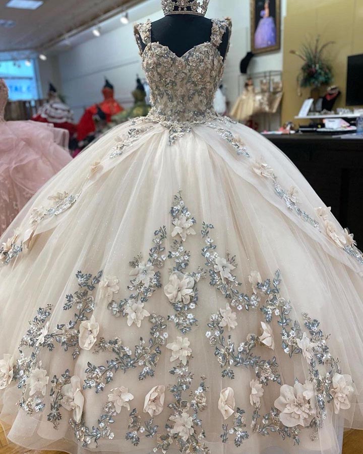 Champagne Quinceanera Dress Floral Embroidery 3D Lace Tulle Skirts Ball Gown Sweet 16 Vestidos de Quinceaera AW2207221 Champagne Quinceanera Dress Floral Embroidery 3D Lace Tulle Skirts Ball Gown Sweet 16 Vestidos de Quinceaera AW2207221